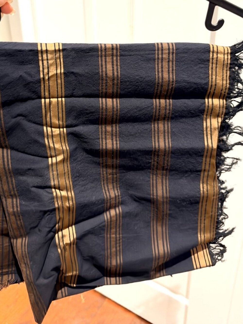 Made in Italy Navy Gold Striped Thin Scarf Fringe